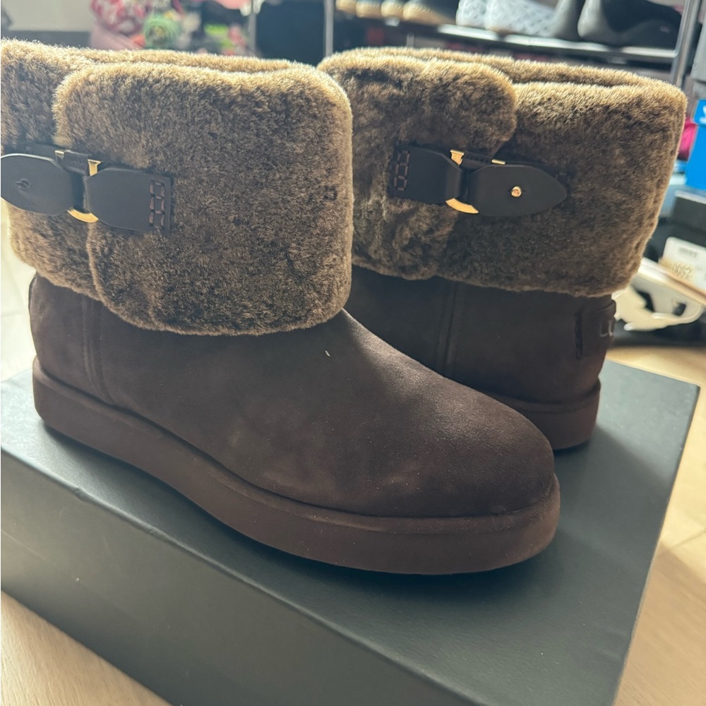 UGG Dark Brown Boots with Plush Fur Cuff